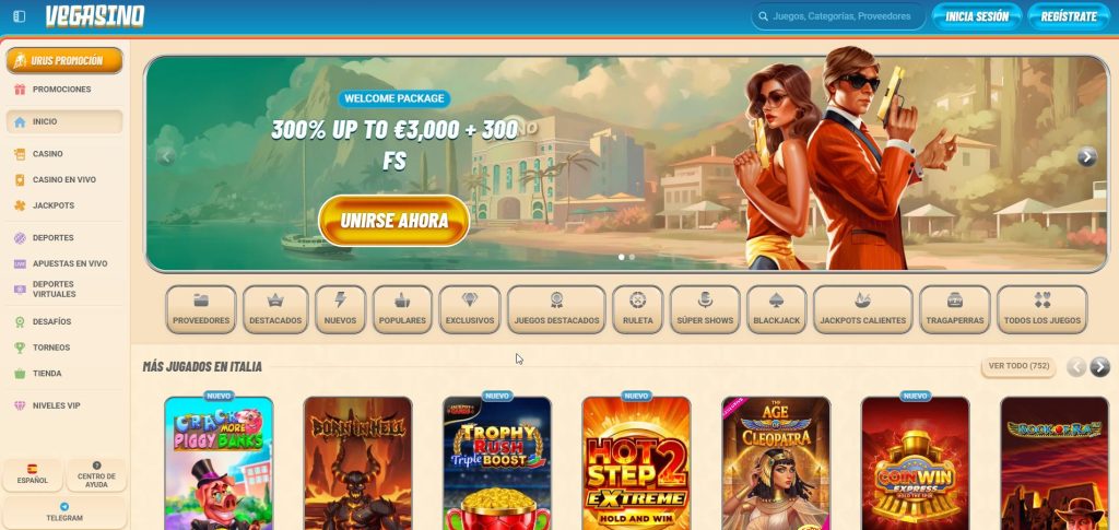 El espíritu de Las Vegas cobra vida en Vegasino: neones deslumbrantes, glamour de casino clásico y esa electricidad que solo se respira en la Strip